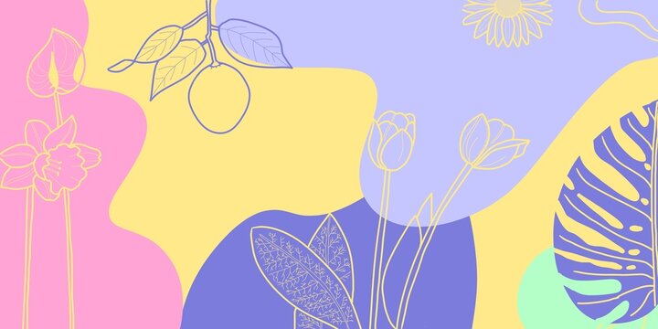 Hand-drawn illustration of colorful flowers. Floral background with doodles, fun pastel colors, wallpaper with basic natural shapes. Wallpaper, social media