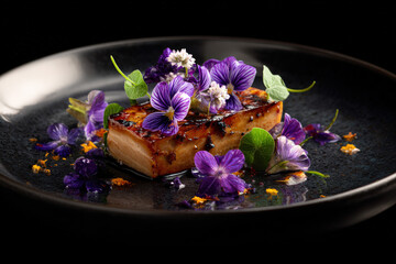 Elegant Foie Gras with Purple Flowers on Dark Plate - Artistic Fine Dining Presentation for Culinary Features