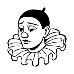Head of sad Pierrot. Vector isolated illustration. Black and white