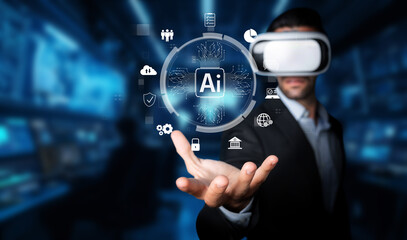 A professional in virtual reality headset interacts with artificial intelligence elements, illustrating a modern technology environment with data visualization and innovation. XDMCP