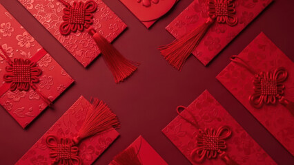 Red envelopes with decorative knots and tassels, arranged in a circular pattern.