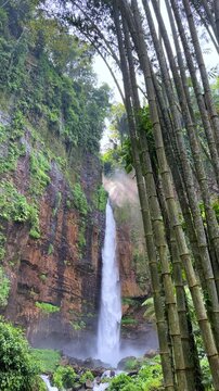 Koban Kapas Biru is a waterfall in the tropical jungles of East Java, descending from a high cliff into a lush green canyon surrounded by tropical forests with vibrant vegetation.Lumajang River. 4К