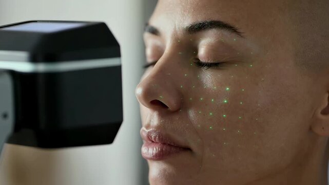 Modern 3D facial scanning process using green laser grid technology for biometric data, digital identity, or medical analysis in a high-tech laboratory setting