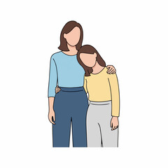 Fototapeta premium Supportive mother gently embraces her daughter who leans tiredly against her shoulder illustrating comfort and familial emotional connection.