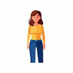 Fototapeta premium Woman character with brown hair wearing a yellow top and blue jeans stands confidently presenting a friendly and approachable demeanor.