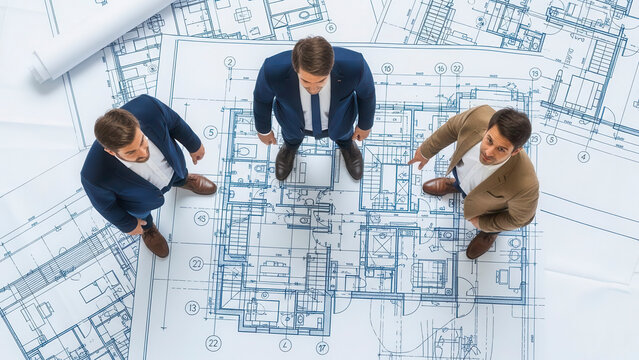 Three businessmen in suits discussing a large architectural blueprint together