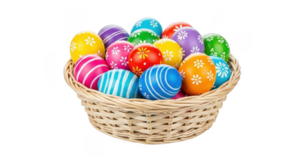 Basket of Decorated Easter Eggs: A vibrant display of colorful, intricately designed Easter eggs spills over from a rustic woven basket.