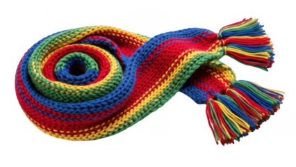 Vibrant Knitted Scarf: A brightly colored knitted scarf, boasting a spectrum of hues and textures, is artfully arranged. This unique accessory is a cheerful accent for cool weather.