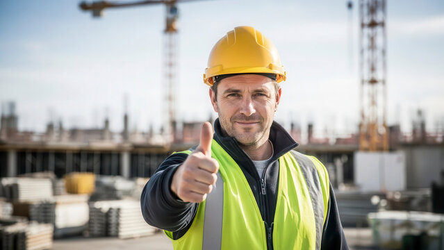 A construction worker giving a thumbs up on a building site