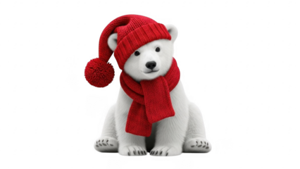 Cozy polar bear: A charming polar bear, adorned with a vibrant red cap and scarf, exudes warmth and winter charm. This captivating image blends the beauty of the animal with festive accessories.