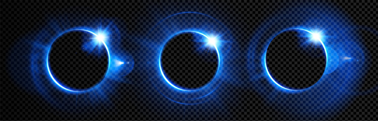 Blue halo black background circle halo magic with eclipse neon circular. Star beam glowing and blue hologram energy with digital transparent light. Burst blue ellipse and tech circle space. © RDVector