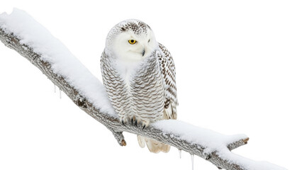 Snowy Owl Perched: A majestic snowy owl, enveloped in winter's embrace, perches gracefully on a snow-laden branch, its piercing gaze fixed with unwavering intensity.