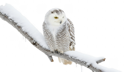 Snowy Owl Perched: A majestic snowy owl, enveloped in winter's embrace, perches gracefully on a snow-laden branch, its piercing gaze fixed with unwavering intensity.