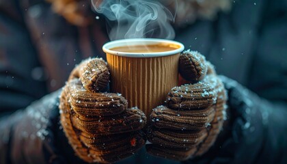 Cozy moment: a warm drink held in gloved hands, steam rising