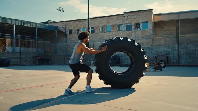 Athlete Pushing Heavy Tire in Strength Training Workout