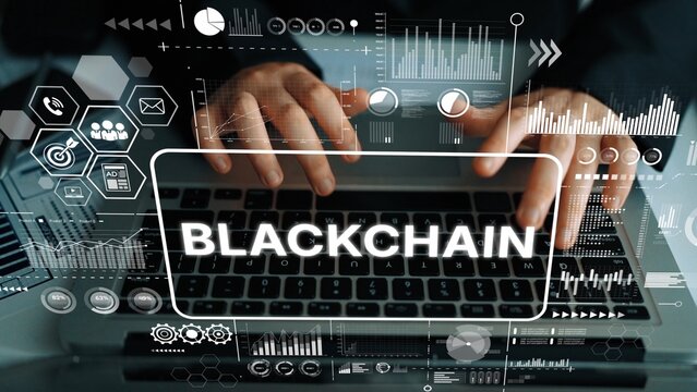 Hands typing on keyboard with blockchain technology graphics and digital analytics concepts for financial innovation and secure transactions. Asymptotic smart data analytic. - Powered by Adobe