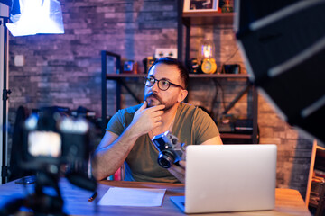 Male Video Narrator in Front of Camera Setup