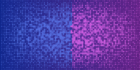 Purple Blue Digital Technology Futuristic Background. Square Pixels Pattern with Lighting Glowing Particles Square Elements. Technology or Science Research Presentation Backdrop. Vector Illustration.
