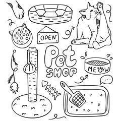 Hand Drawn Cat Pet Shop Doodle Collection with Cute Feline Supplies Food Bowls Toys and Care Items