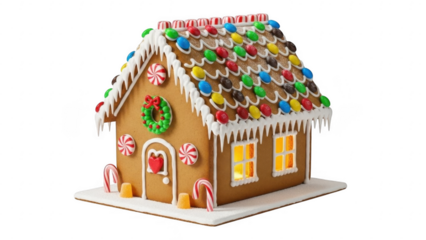 Gingerbread House: A festive gingerbread house, adorned with colorful candies and icing, evokes holiday cheer, Christmas spirit, and the joy of baking during the holiday season.