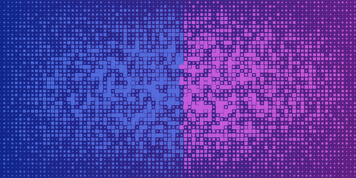 Purple Blue Digital Technology Futuristic Background. Square Pixels Pattern with Lighting Glowing Particles Square Elements. Technology or Science Research Presentation Backdrop. Vector Illustration.