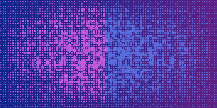 Purple Blue Digital Technology Futuristic Background. Square Pixels Pattern with Lighting Glowing Particles Square Elements. Technology or Science Research Presentation Backdrop. Vector Illustration.