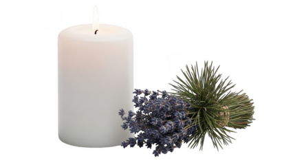 Candle and Aroma: A serene composition featuring a solitary, unlit candle alongside sprigs of aromatic lavender and pine, evoking feelings of peace, calm, and tranquility. 
