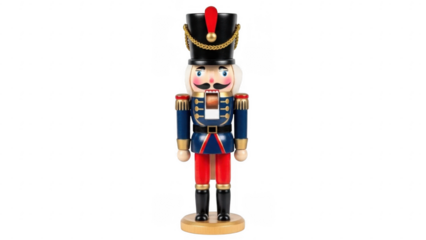 Nutcracker: A classic wooden nutcracker stands tall, dressed in a regal uniform, its stern expression masking its role as a festive symbol of holiday traditions and a charming decorative accent.