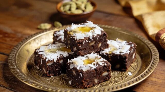 Decadent chocolate brownie bites infused with coconut burfi flavors, topped with glossy honey drizzle and fluffy coconut flakes