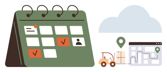 Logistics management, supply chain, inventory tracking, delivery, warehouse operations, shipment planning. Calendar with marked dates, delivery truck map and icons. Logistics management and supply