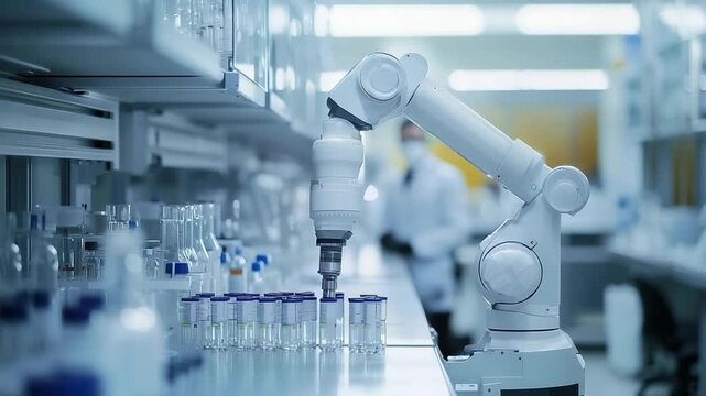 modern science and medical research with robotic arm and scientist video