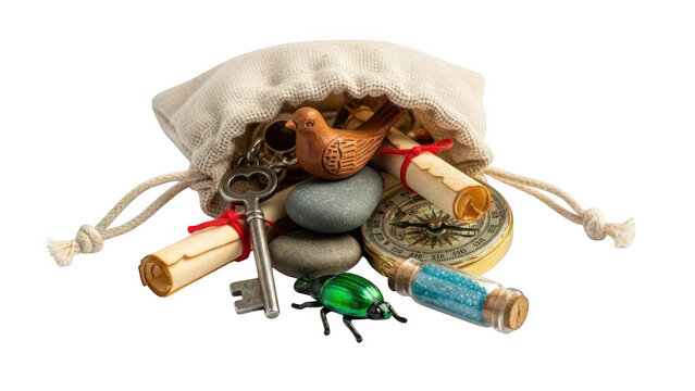 Treasures in the Pouch: A quaint fabric pouch spills open, revealing a collection of vintage treasures and trinkets, each a silent story waiting to be told. 