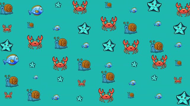 Ocean pattern with sea creatures on teal backdrop suitable for underwaterthemed designs, summer promotions, beach products, and marine life educational materials.