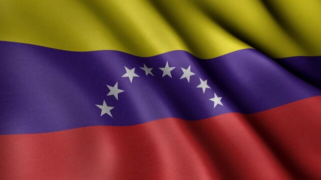 Animated looping flag of Venezuela waving in smooth wind motion, seamless tricolor yellow blue red with white stars arc, realistic fabric texture, patriotic national symbol, cinematic loop background