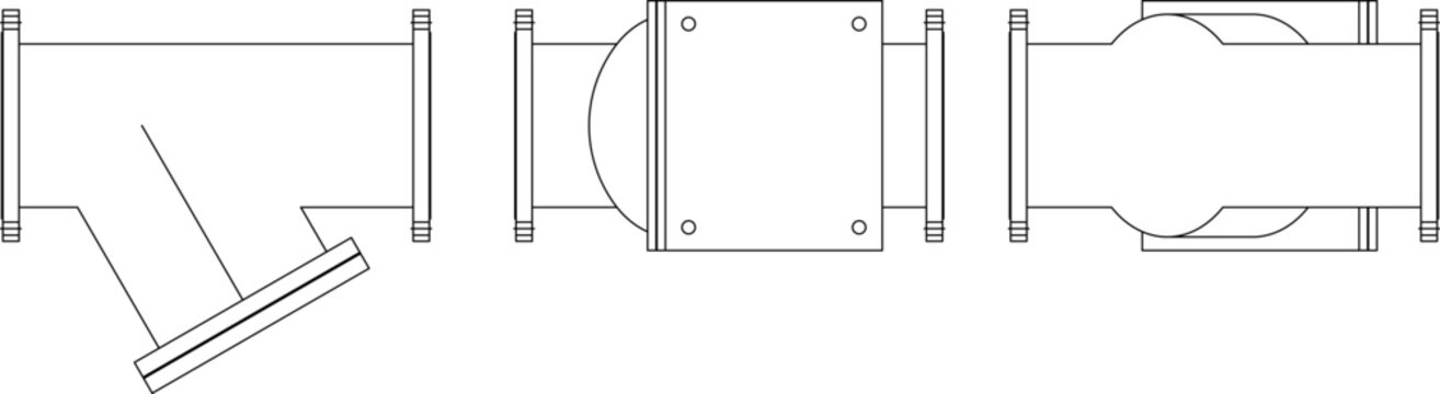 Technical industrial vector of a Y-strainer pipe valve, featuring multi-angle elevation views for engineering and plumbing.