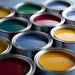 Fototapeta premium Colorful Paint Cans Arranged in Rows Create a Spectrum of Hues for Artistic Projects