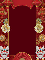chinese nw year frame with lions, flowers and red lanterns