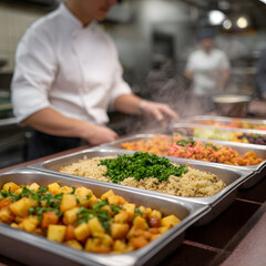 Obraz premium Dishes Full Of Vegetables and Grains Prepared By A Chef In A Commercial Kitchen