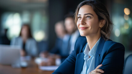 Faceless woman serious business meeting with colleagues in suits focused conversation professionalism collaborative brainstorming confident career discussion