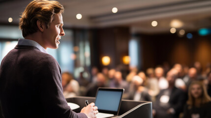 Speaker giving talk at business meeting audience in conference hall business entrepreneurship presentation professional seminar industry event public speaking