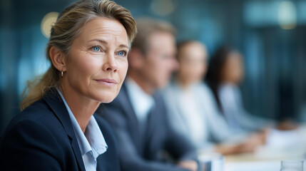 Faceless woman serious business meeting with colleagues in suits focused conversation professionalism collaborative brainstorming confident career discussion