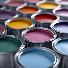Fototapeta premium Paint Cans Displaying a Palette of Vibrant and Bold Colors in a Plethora of Hue Variations