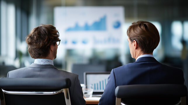 Two faceless colleagues sitting at meeting room discussing charts statistics data analysis business review performance metrics financial planning defocused office - Powered by Adobe