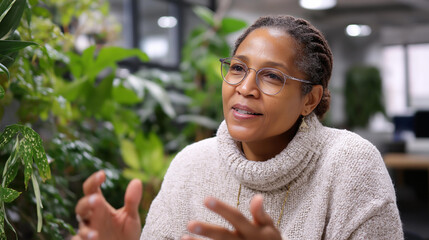 Faceless woman in white turtleneck glasses actively engaged in conversation gesturing hands office setting green plants surrounding professional communication