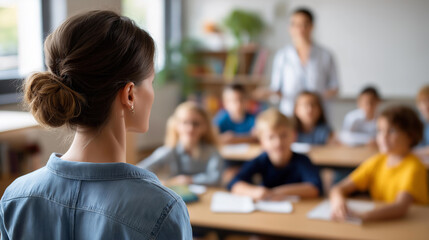 Inspiring faceless teacher leading class discussion in empty classroom educational leadership academic instruction teaching excellence learning environment