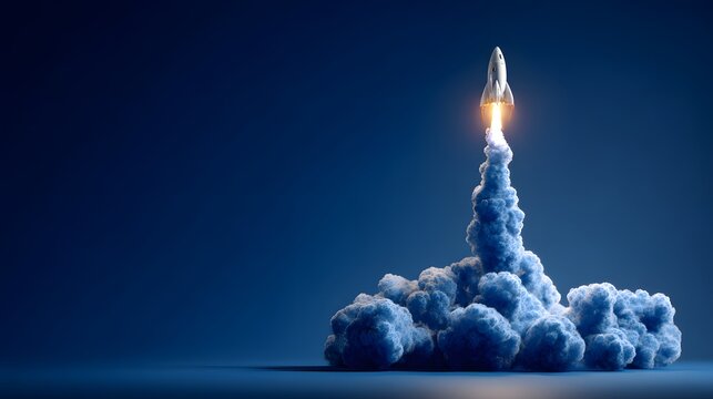 Rocket launching into space with smoke and fire against a dark blue background