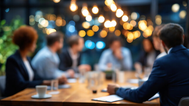 Unfocused business roundtable out of focus background discussion meeting corporate gathering executive planning professional forum blurred conference setting