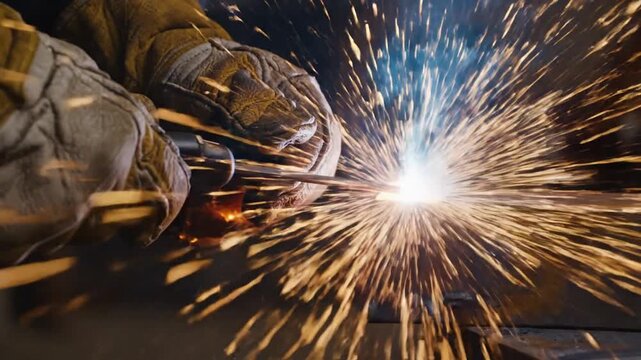 Industrial welding process with sparks flying.