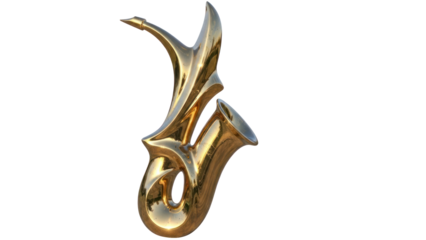 Golden abstract saxophone sculpture isolated on transparent background