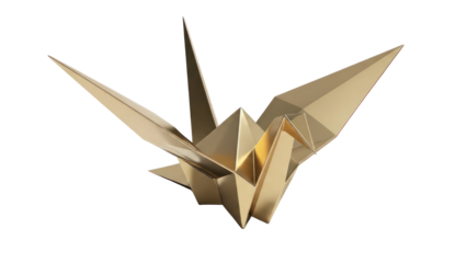 Golden Origami Crane Isolated on Transparent Background